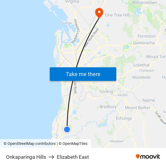 Onkaparinga Hills to Elizabeth East map