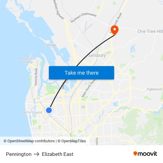 Pennington to Elizabeth East map