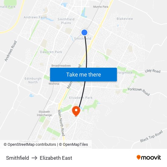 Smithfield to Elizabeth East map