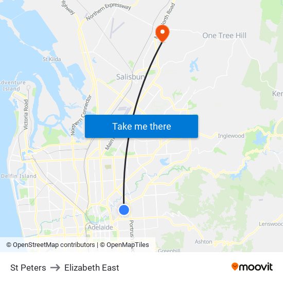 St Peters to Elizabeth East map