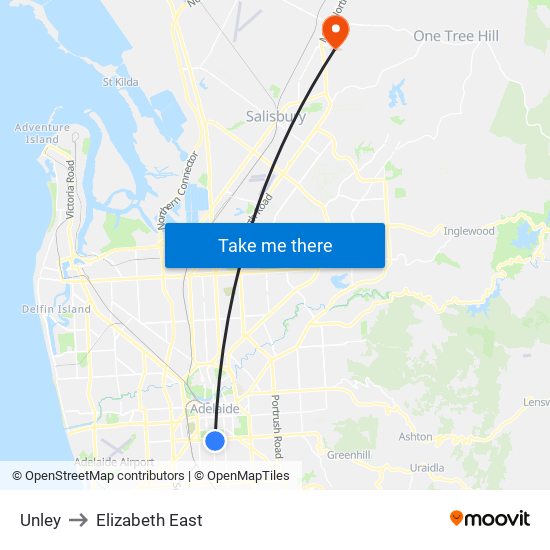 Unley to Elizabeth East map