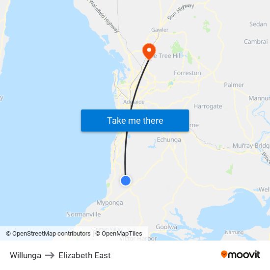 Willunga to Elizabeth East map