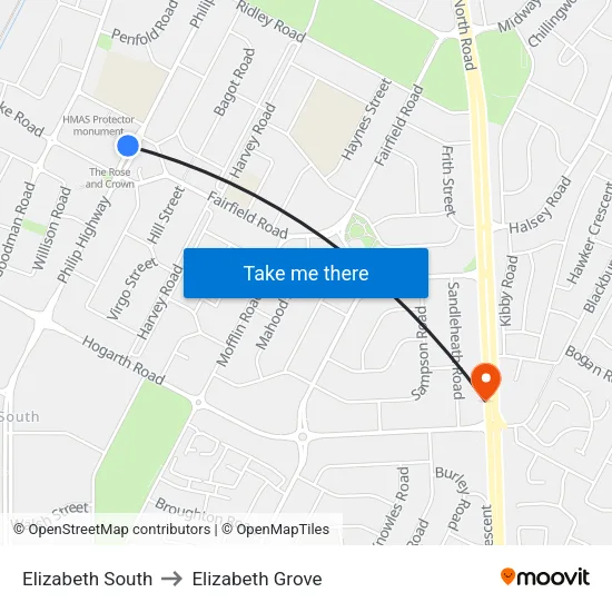 Elizabeth South to Elizabeth Grove map
