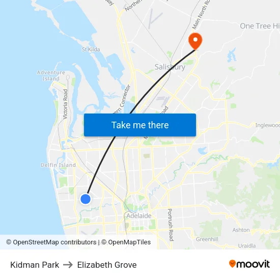 Kidman Park to Elizabeth Grove map
