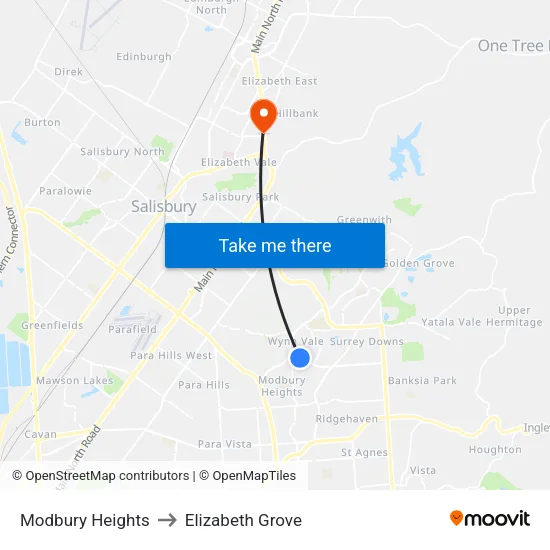 Modbury Heights to Elizabeth Grove map
