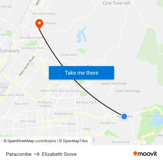 Paracombe to Elizabeth Grove map