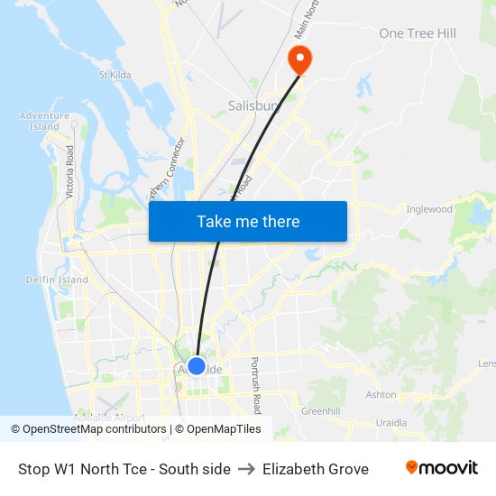 Stop W1 North Tce - South side to Elizabeth Grove map
