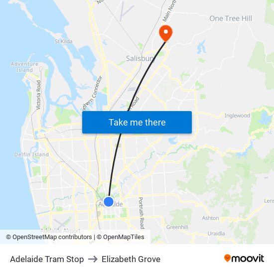 Adelaide Tram Stop to Elizabeth Grove map