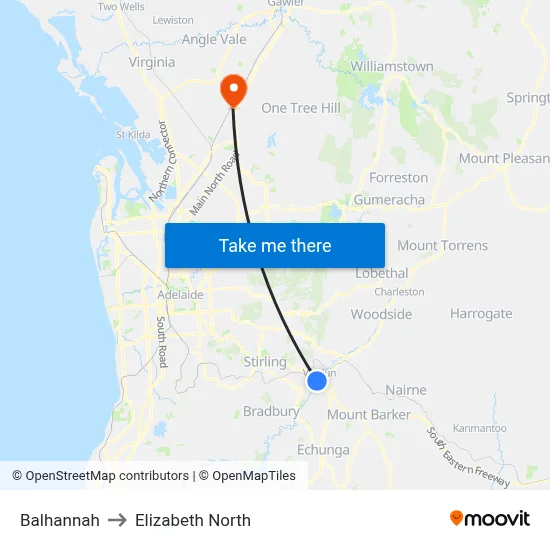 Balhannah to Elizabeth North map