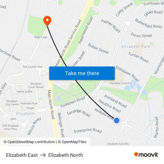 Elizabeth East to Elizabeth North map
