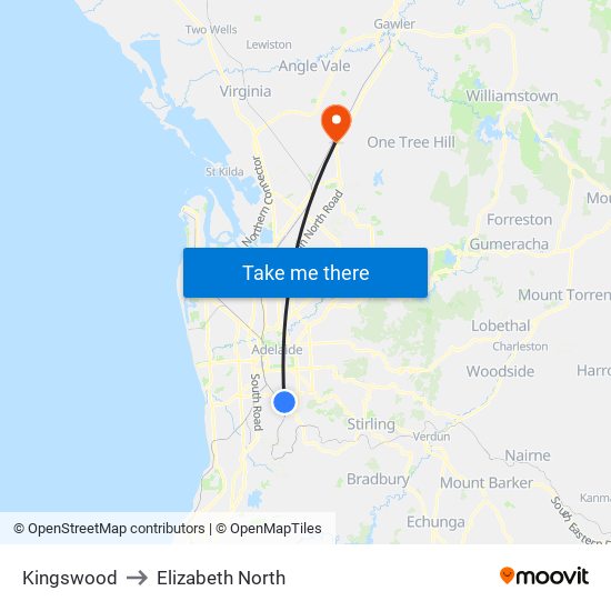 Kingswood to Elizabeth North map