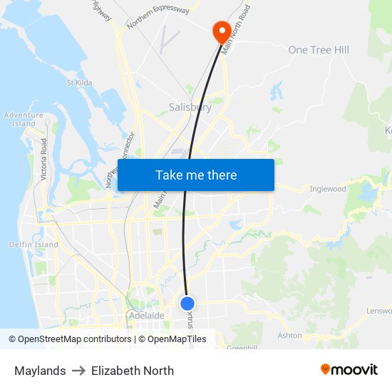 Maylands to Elizabeth North map