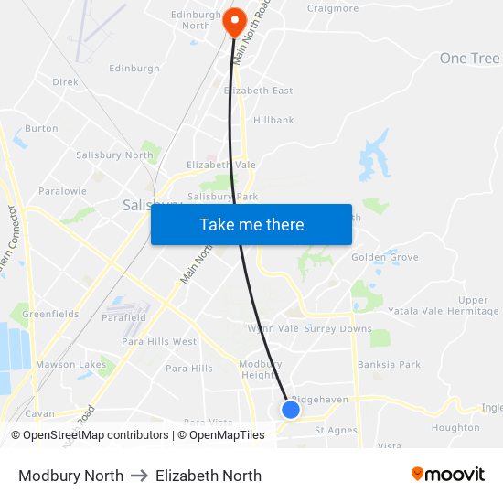 Modbury North to Elizabeth North map