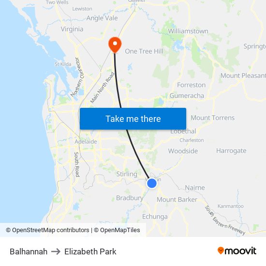 Balhannah to Elizabeth Park map