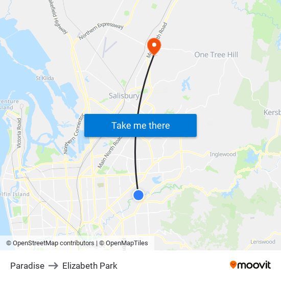 Paradise to Elizabeth Park map