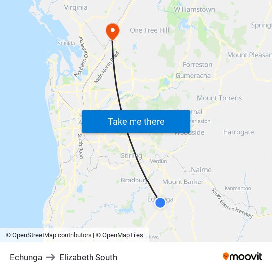 Echunga to Elizabeth South map