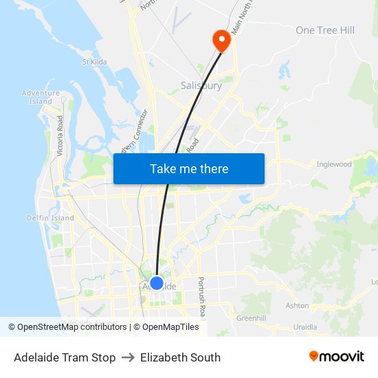 Adelaide Tram Stop to Elizabeth South map