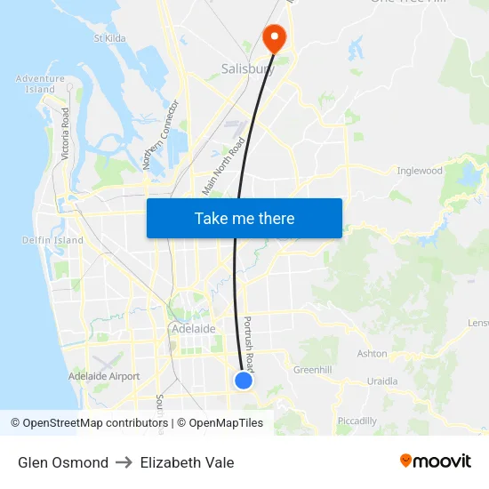 Glen Osmond to Elizabeth Vale map