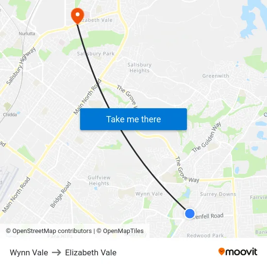 Wynn Vale to Elizabeth Vale map
