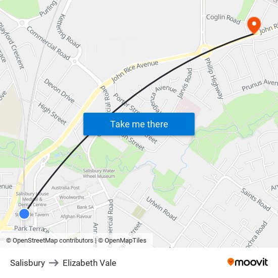 Salisbury to Elizabeth Vale map