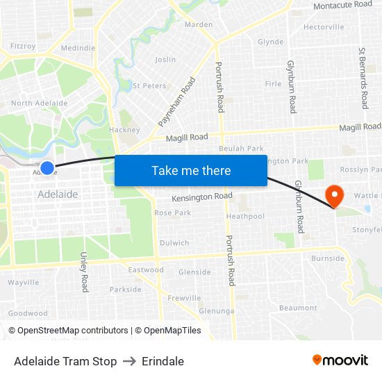 Adelaide Tram Stop to Erindale map