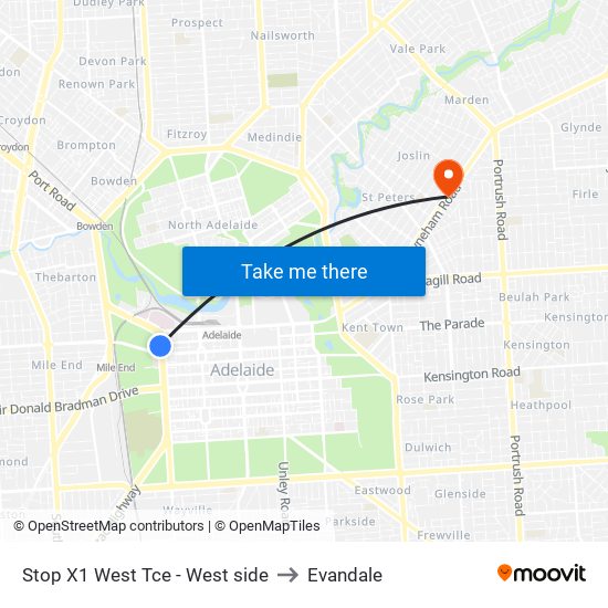 Stop X1 West Tce - West side to Evandale map