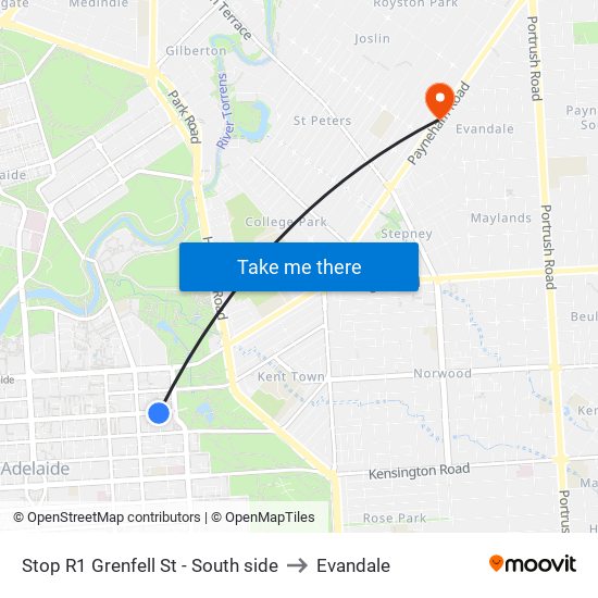 Stop R1 Grenfell St - South side to Evandale map