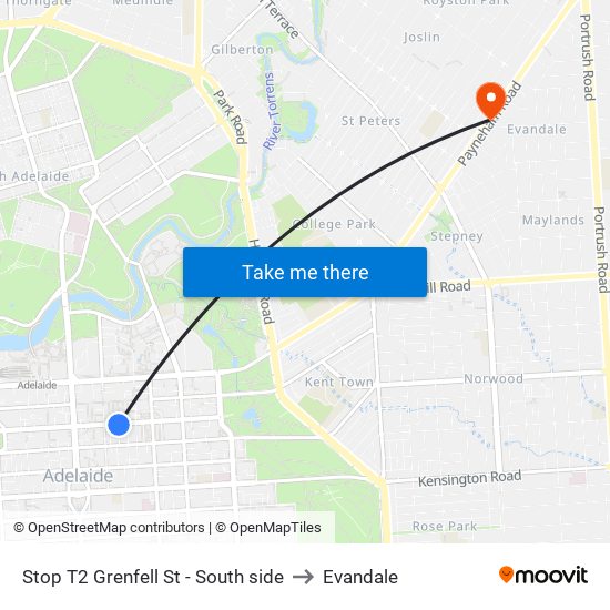 Stop T2 Grenfell St - South side to Evandale map