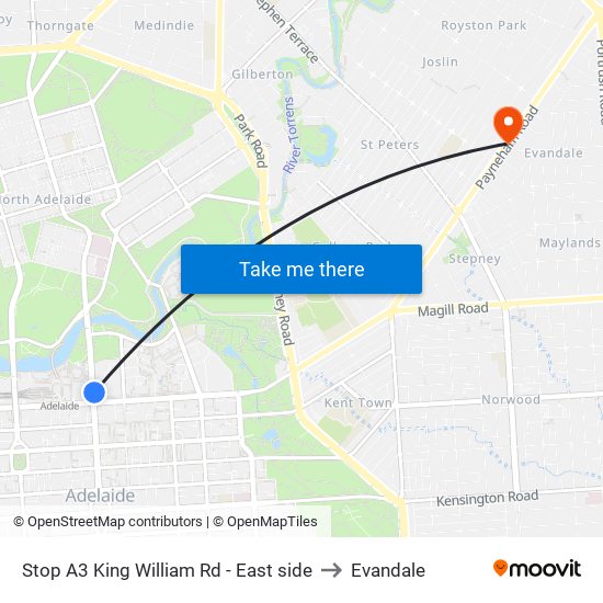 Stop A3 King William Rd - East side to Evandale map