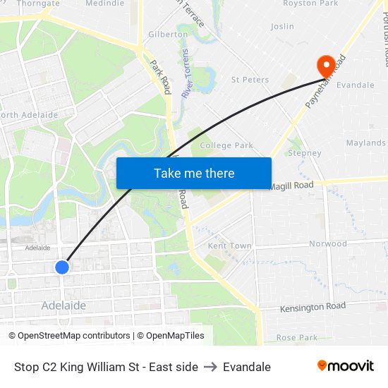 Stop C2 King William St - East side to Evandale map