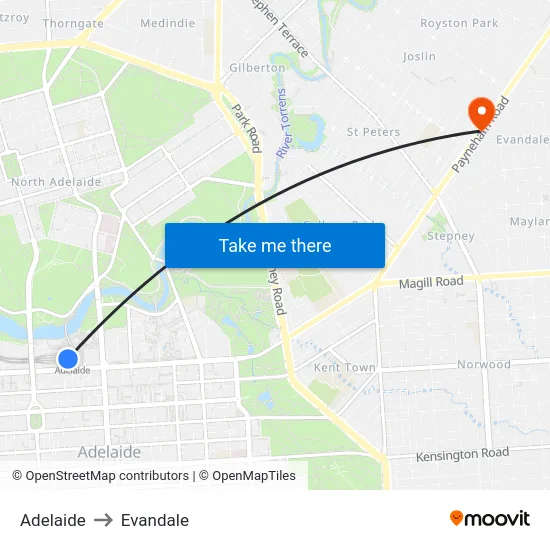 Adelaide to Evandale map