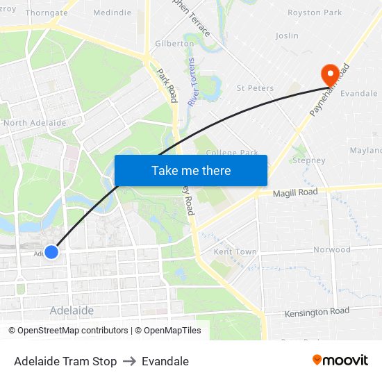 Adelaide Tram Stop to Evandale map