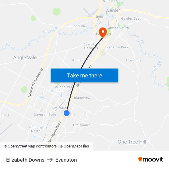 Elizabeth Downs to Evanston map