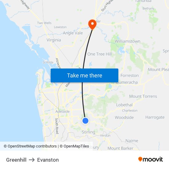 Greenhill to Evanston map