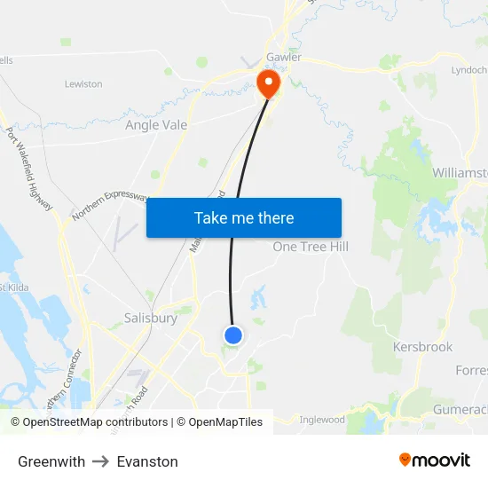 Greenwith to Evanston map