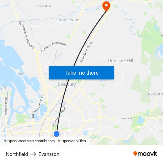 Northfield to Evanston map