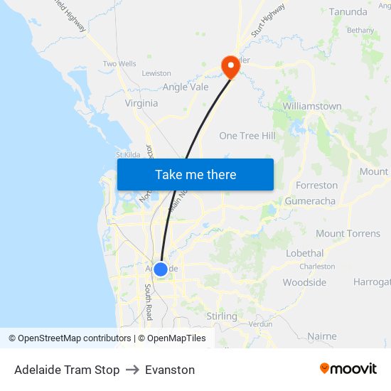 Adelaide Tram Stop to Evanston map