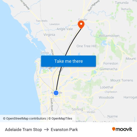 Adelaide Tram Stop to Evanston Park map