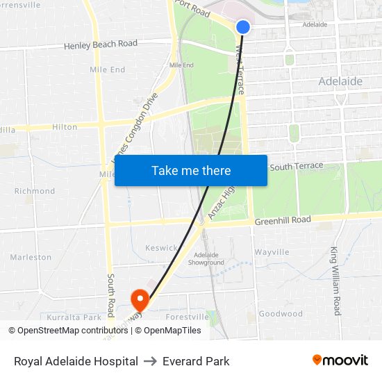 Royal Adelaide Hospital to Everard Park map