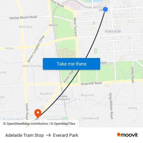 Adelaide Tram Stop to Everard Park map