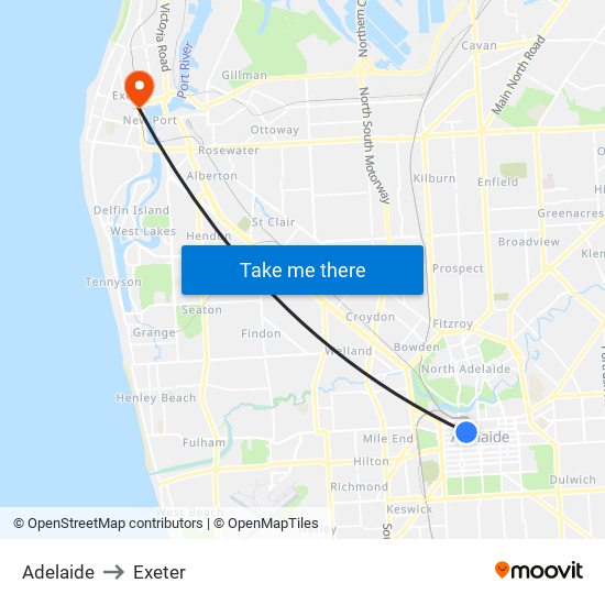 Adelaide to Exeter map