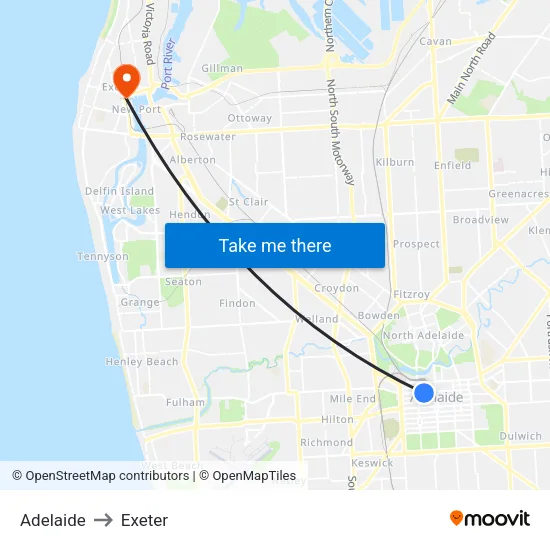 Adelaide to Exeter map