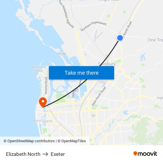 Elizabeth North to Exeter map