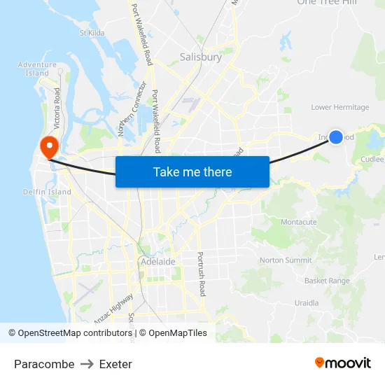 Paracombe to Exeter map
