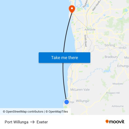 Port Willunga to Exeter map