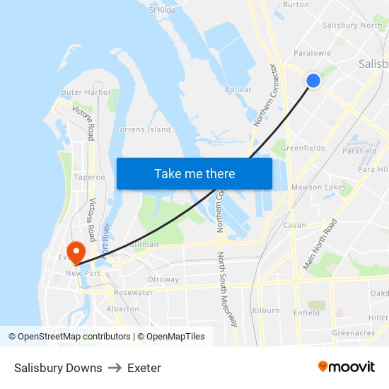 Salisbury Downs to Exeter map