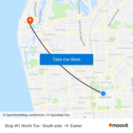 Stop W1 North Tce - South side to Exeter map