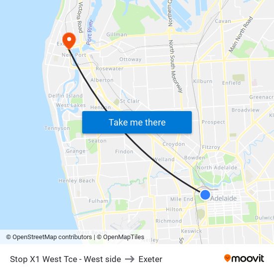 Stop X1 West Tce - West side to Exeter map