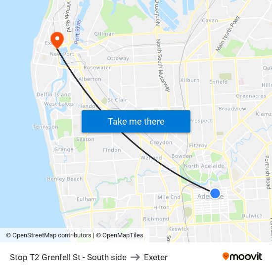 Stop T2 Grenfell St - South side to Exeter map