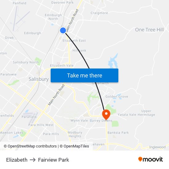 Elizabeth to Fairview Park map
